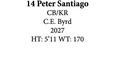 14 Peter Santiago CB/KR C.E. Byrd 2027 HT: 5’11 WT: 170