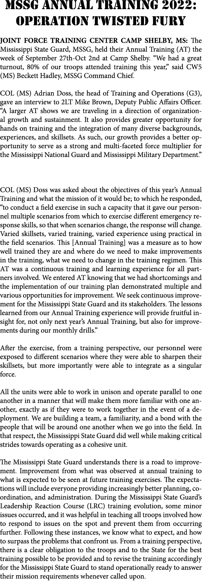 MSSG Annual Training 2022: Operation Twisted Fury JOINT FORCE TRAINING CENTER CAMP SHELBY, MS: The Mississippi State ...