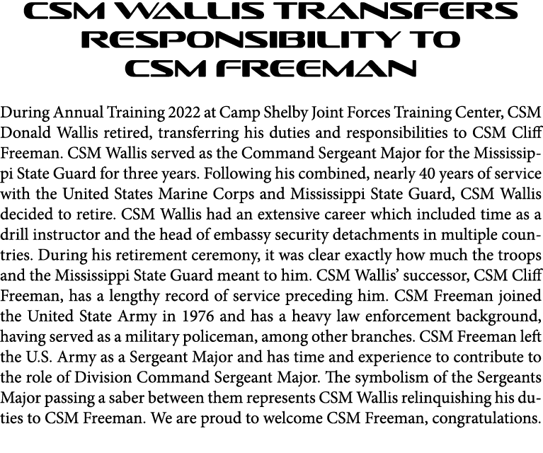 CSM Wallis Transfers Responsibility to CSM Freeman During Annual Training 2022 at Camp Shelby Joint Forces Training C...