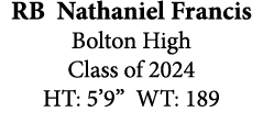 RB Nathaniel Francis Bolton High Class of 2024 HT: 5’9” WT: 189