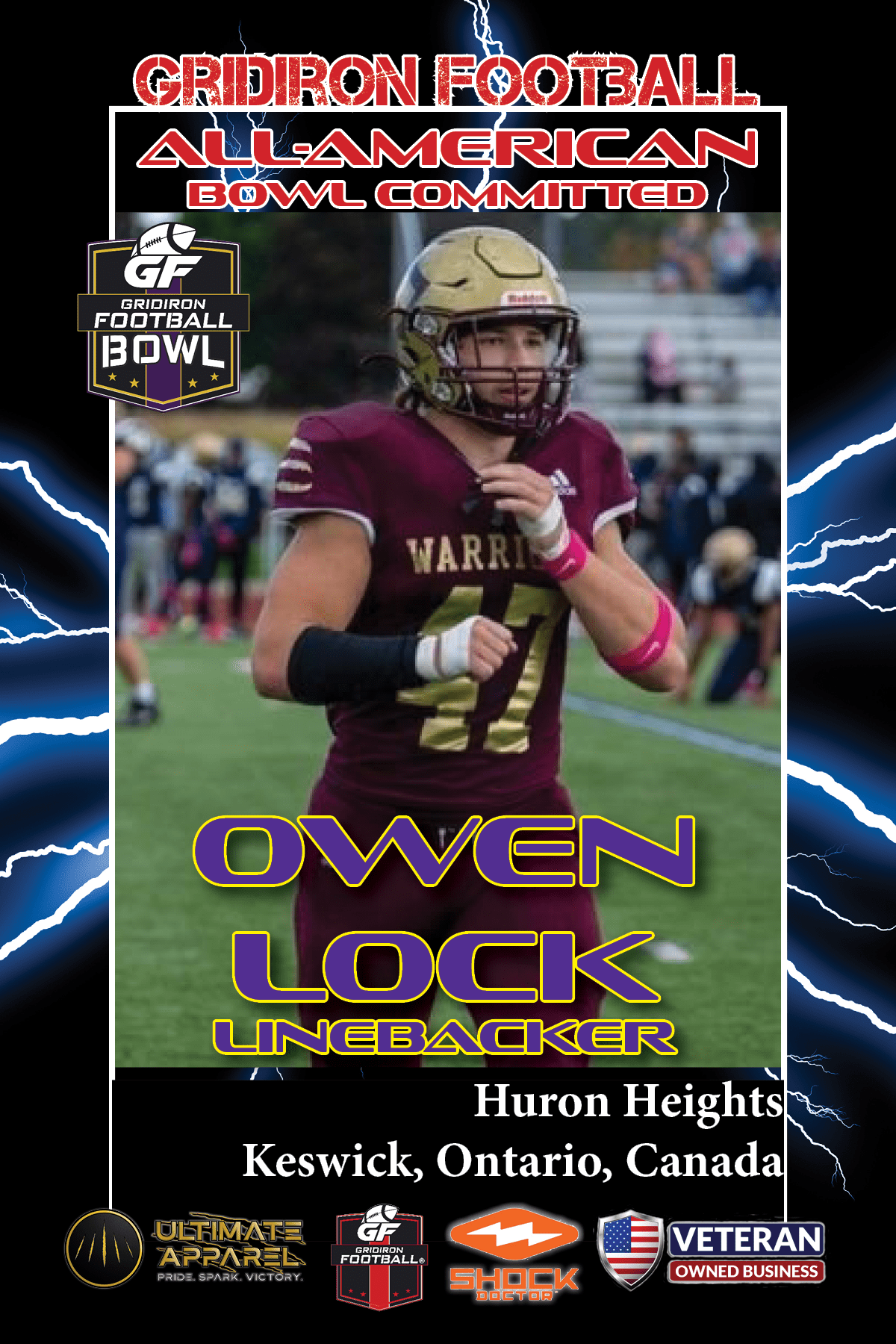 BREAKING NEWS: Huron Heights (Newmarket, Ontario, Canada) LB Owen Lock Commits To The Gridiron Football All-American Bowl Game