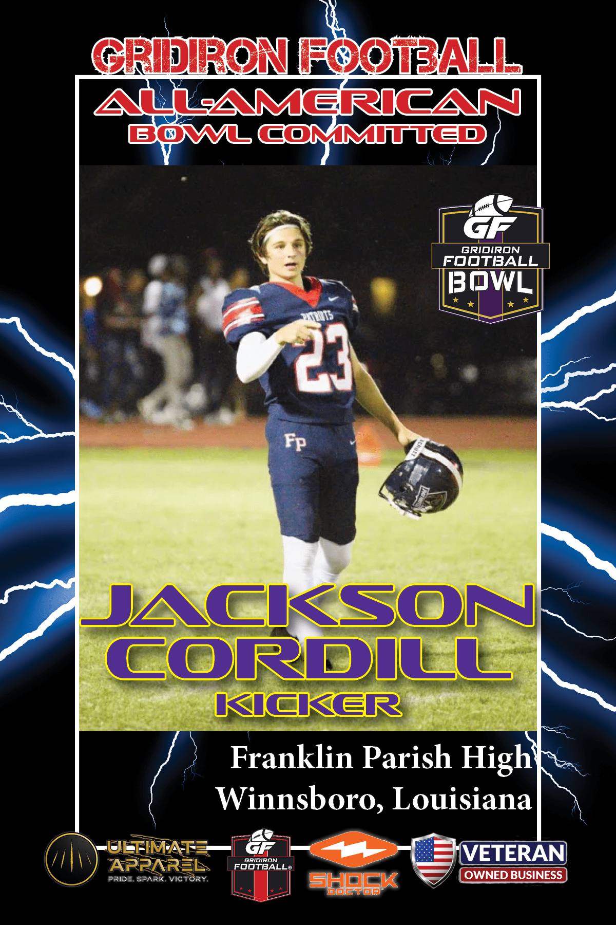 BREAKING NEWS: Franklin Parish High School (Winnsboro, La.) K Jackson Cordill commits to 2023 Gridiron Football All-America Bowl